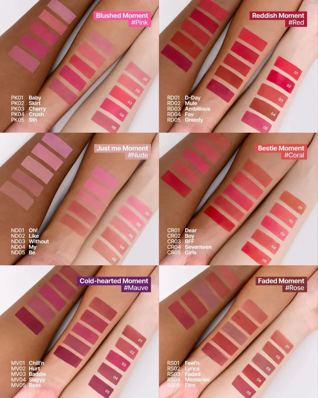 Six arms showing swatches of six lip and cheek shades in pink, red, nude, coral, mauve, and rose tones with shade names and codes