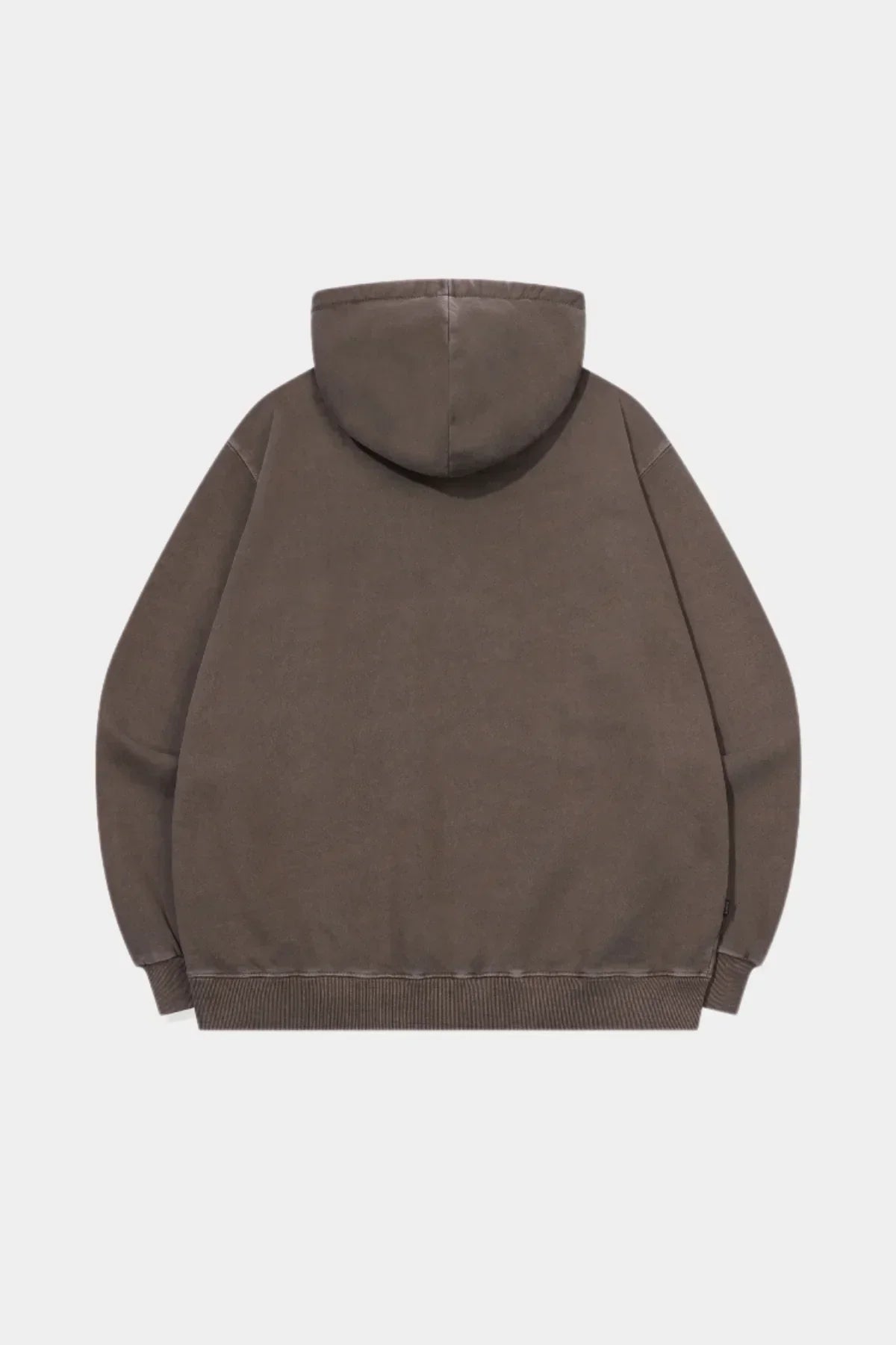 Back view of brown Kitten Patch Pigment hoodie with ribbed cuffs and hem on plain background