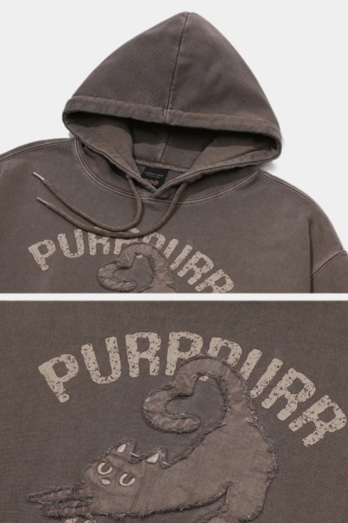 Brown hoodie with cat illustration and distressed text 'PURR PURR' on chest detail