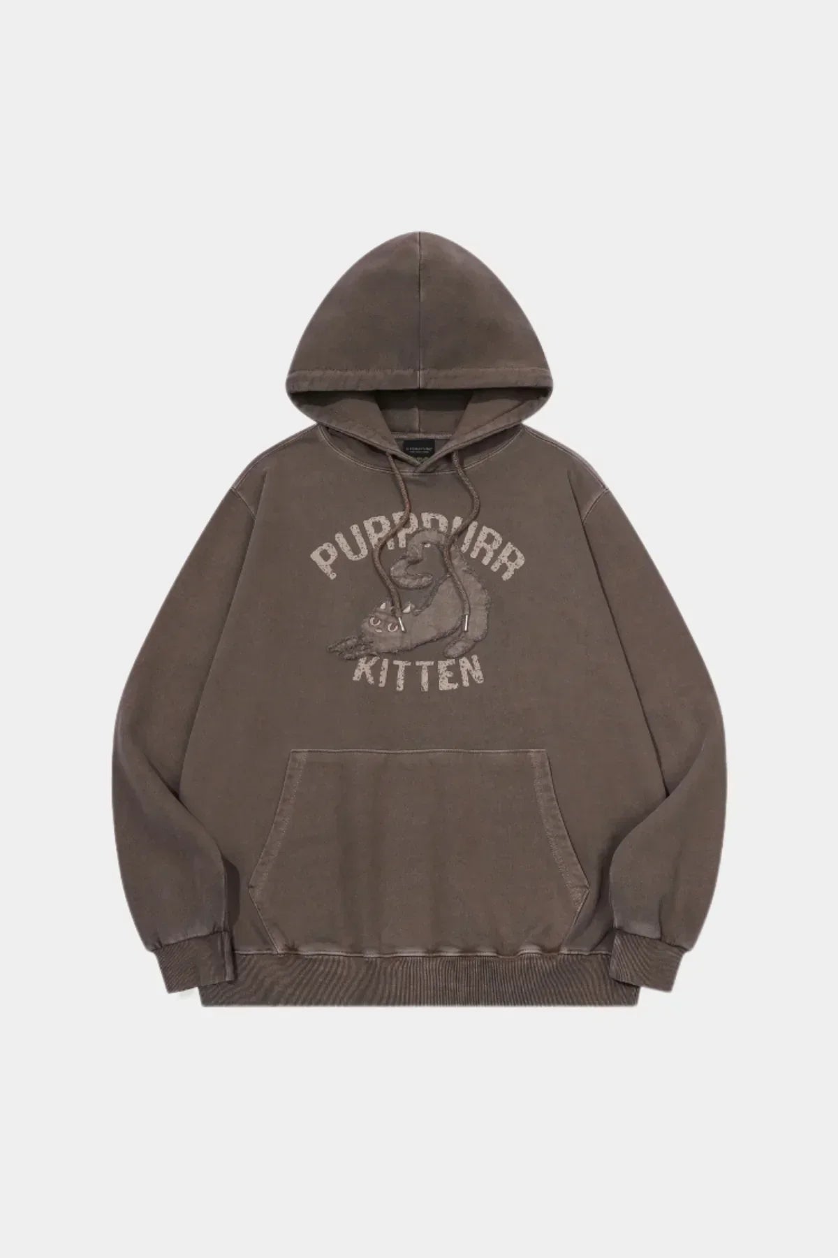 Brown hoodie with front pocket featuring a puppy and kitten graphic and text 'PUPPYRARR KITTEN'