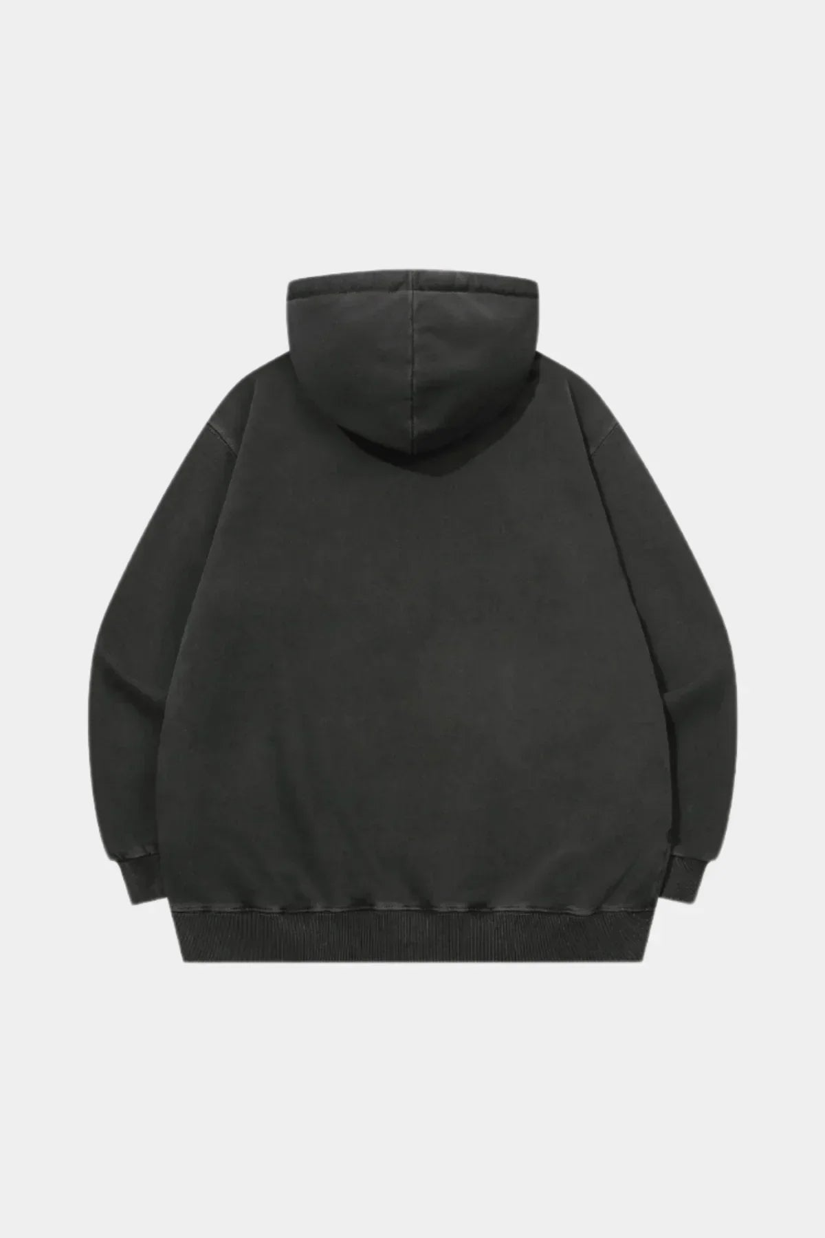 Back view of a plain smoke black hoodie with a hood and ribbed cuffs and hem