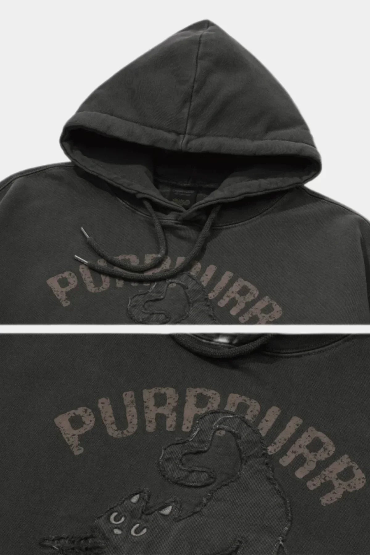 Smoke black hoodie with embroidered black cat and distressed PURR PURR text detail