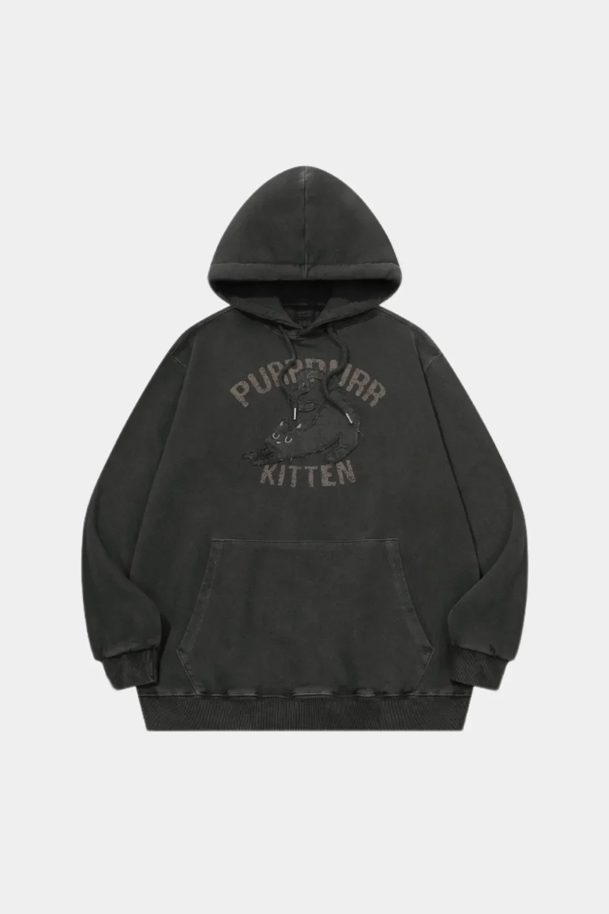 Smoke black hoodie with front pocket featuring playful kitten and 'Purr Purr Kitten' text design
