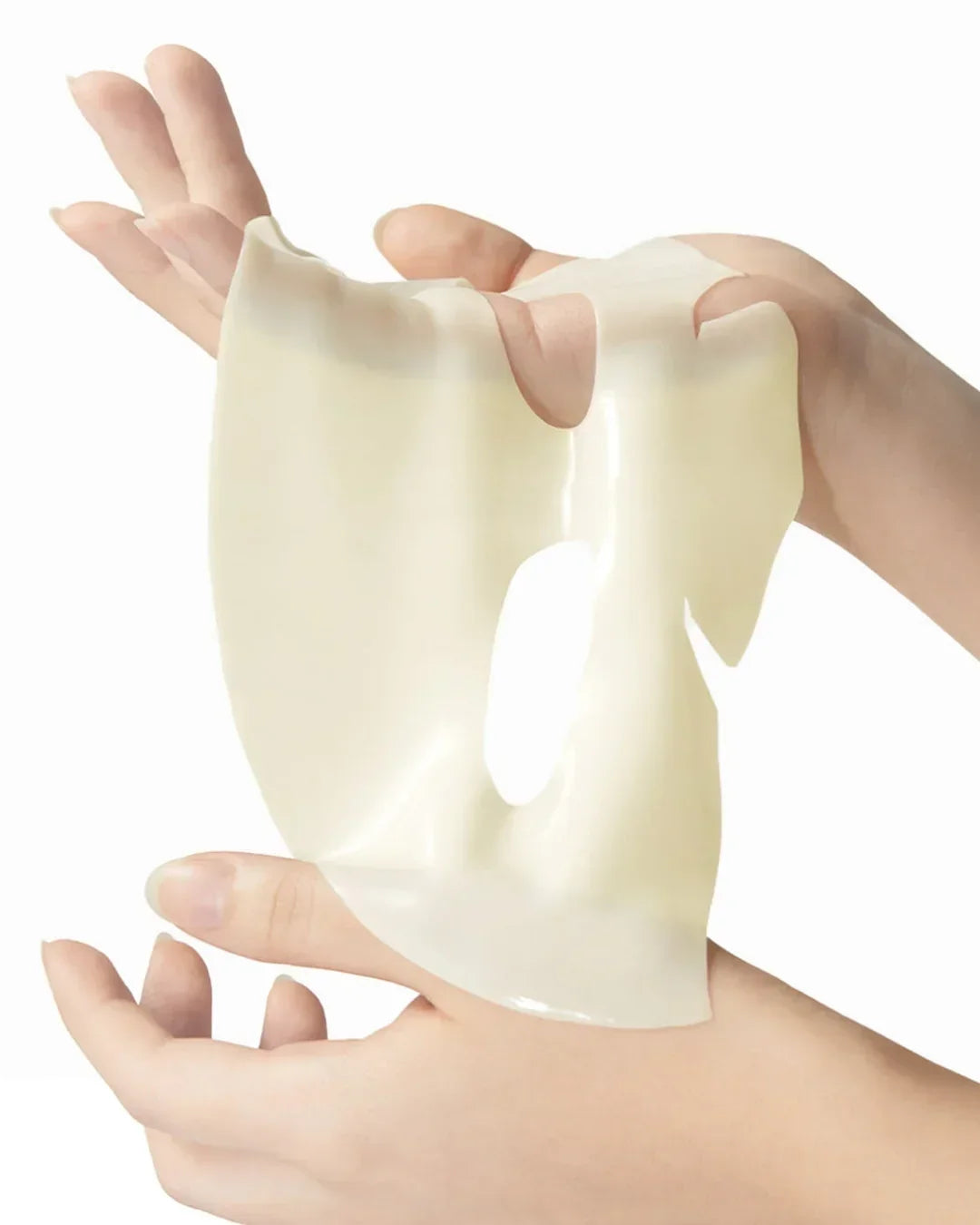 Hand holding a translucent Korean gel face mask, Malkn Korean beauty skincare product