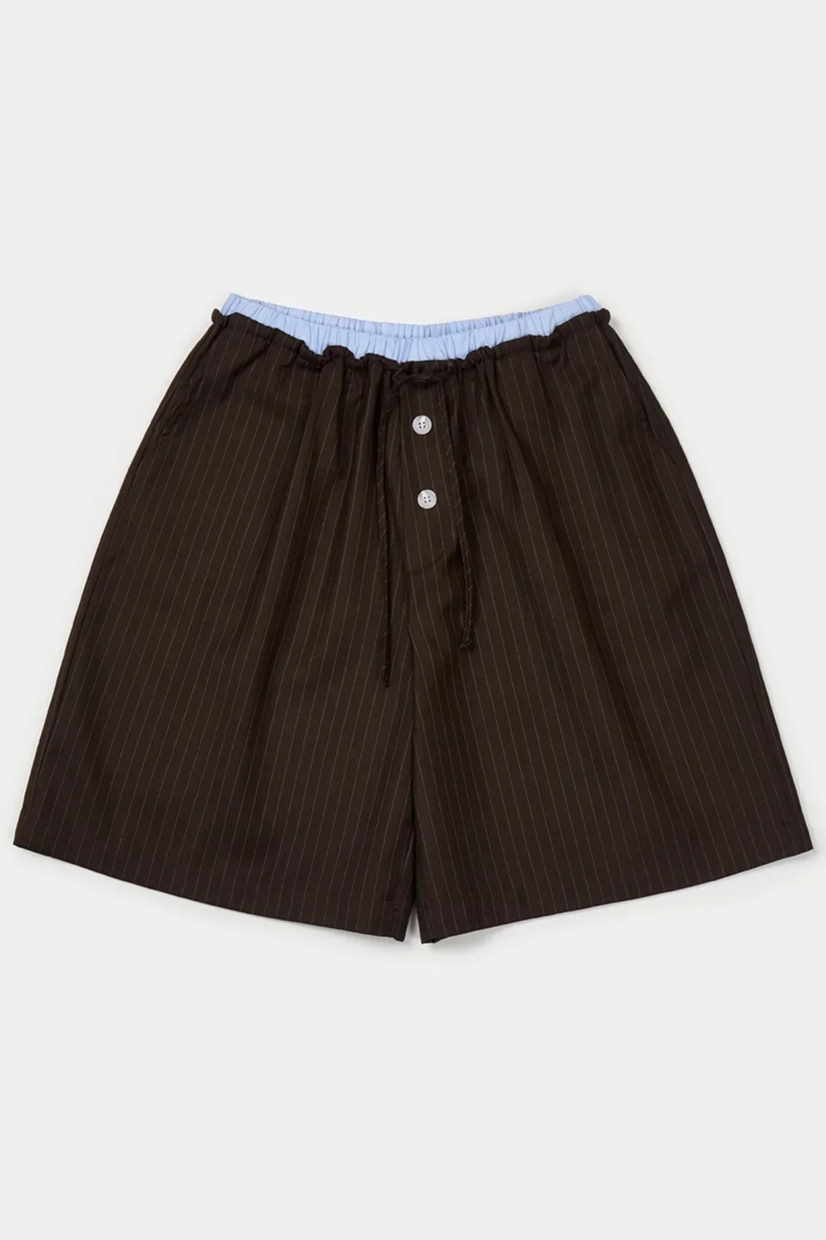 Brown pinstripe layered Bermuda shorts with light blue elastic waistband and front buttons