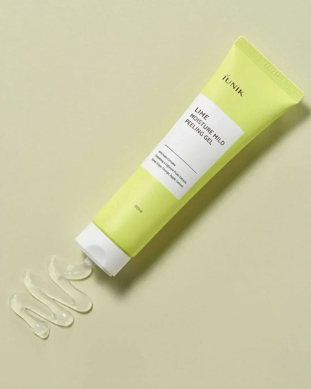 iUNIK Lime Moisture Mild Peeling Gel 90ml tube with clear gel on beige background