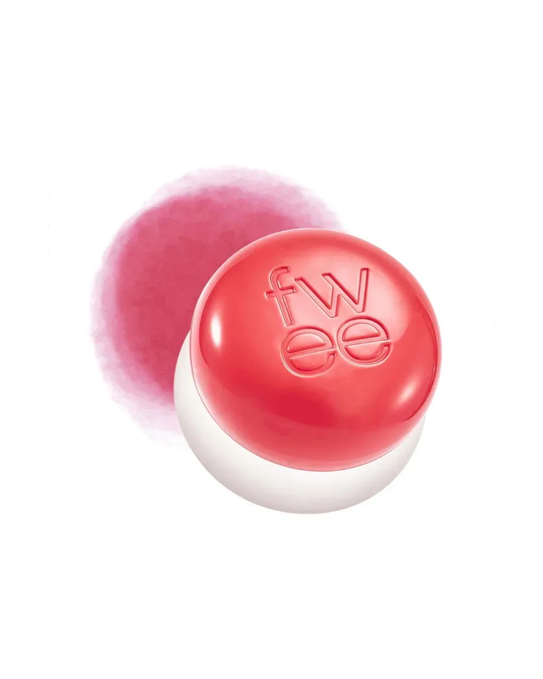 Round lip and cheek tint pot with red lid embossed with 'fwee' and a pink color swatch