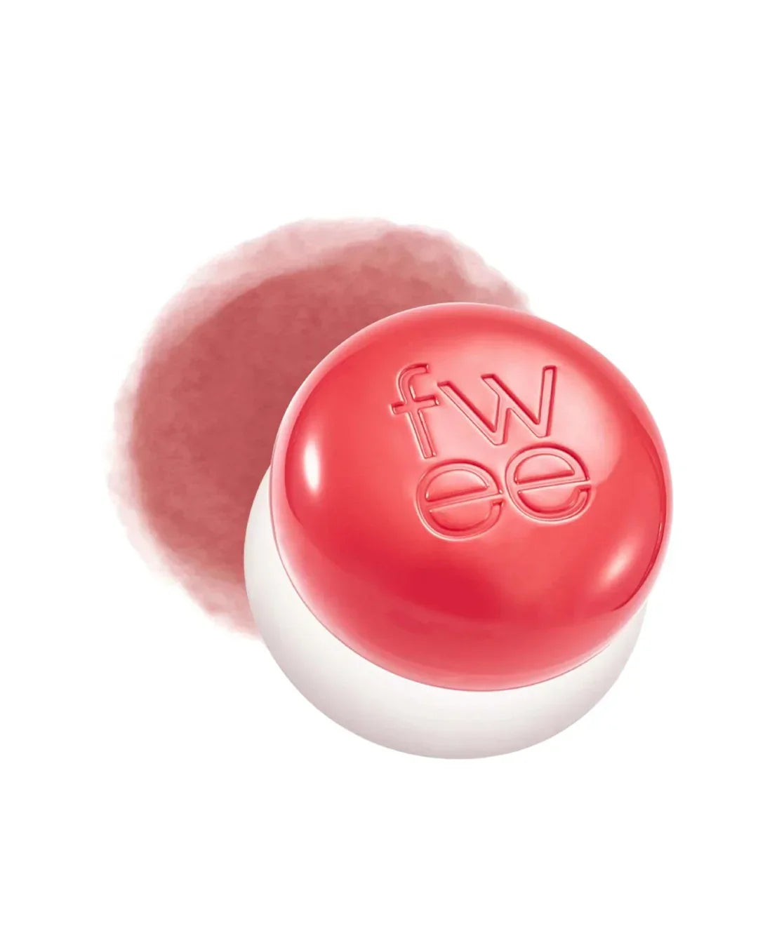 Round lip and cheek tint pot with coral red lid embossed with fw ee logo and color swatch