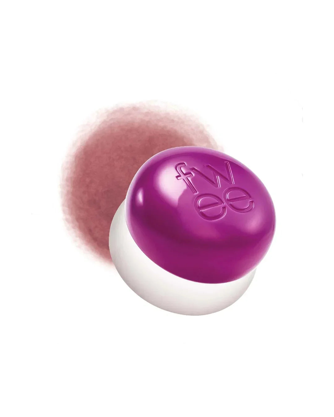 Purple-lidded lip and cheek balm pot with a blurred swatch of reddish-pink cream on white background