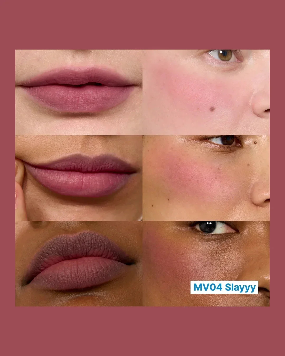Close-up of lips and cheeks in three diverse skin tones wearing MV04 Slayyy plum lip and cheek tint