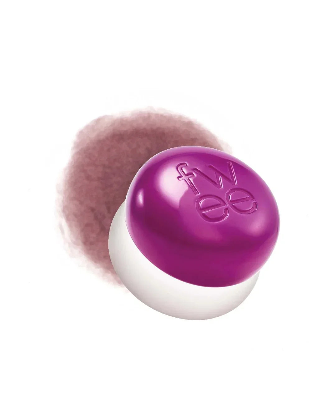 Purple capped lip and cheek pudding pot with mauve tinted cream smear on white background