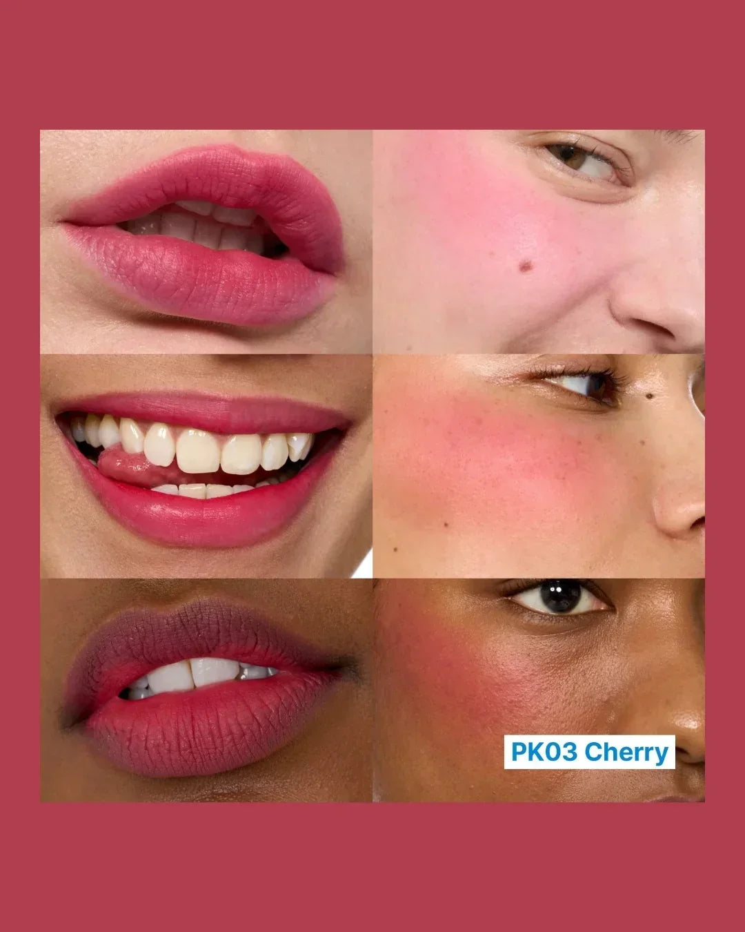 Close-up of diverse faces showing pink cherry lip and cheek makeup shade PK03 Cherry on lips and cheeks