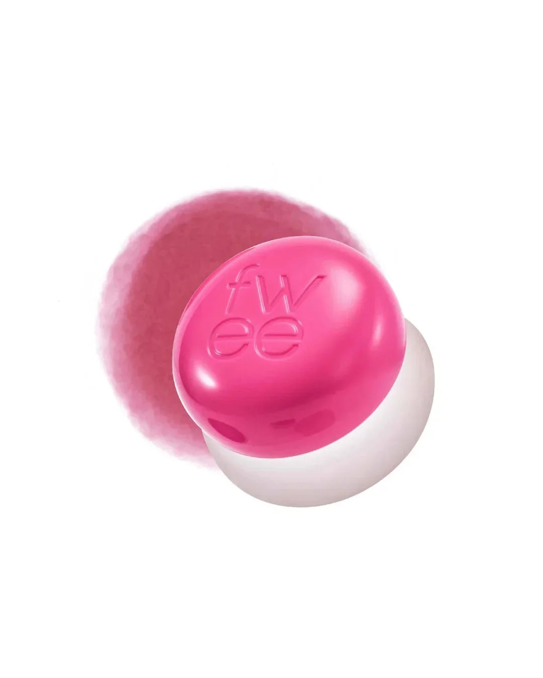 Pink and white lip and cheek pudding pot with fw ee embossed on the lid and a swatch of cherry color