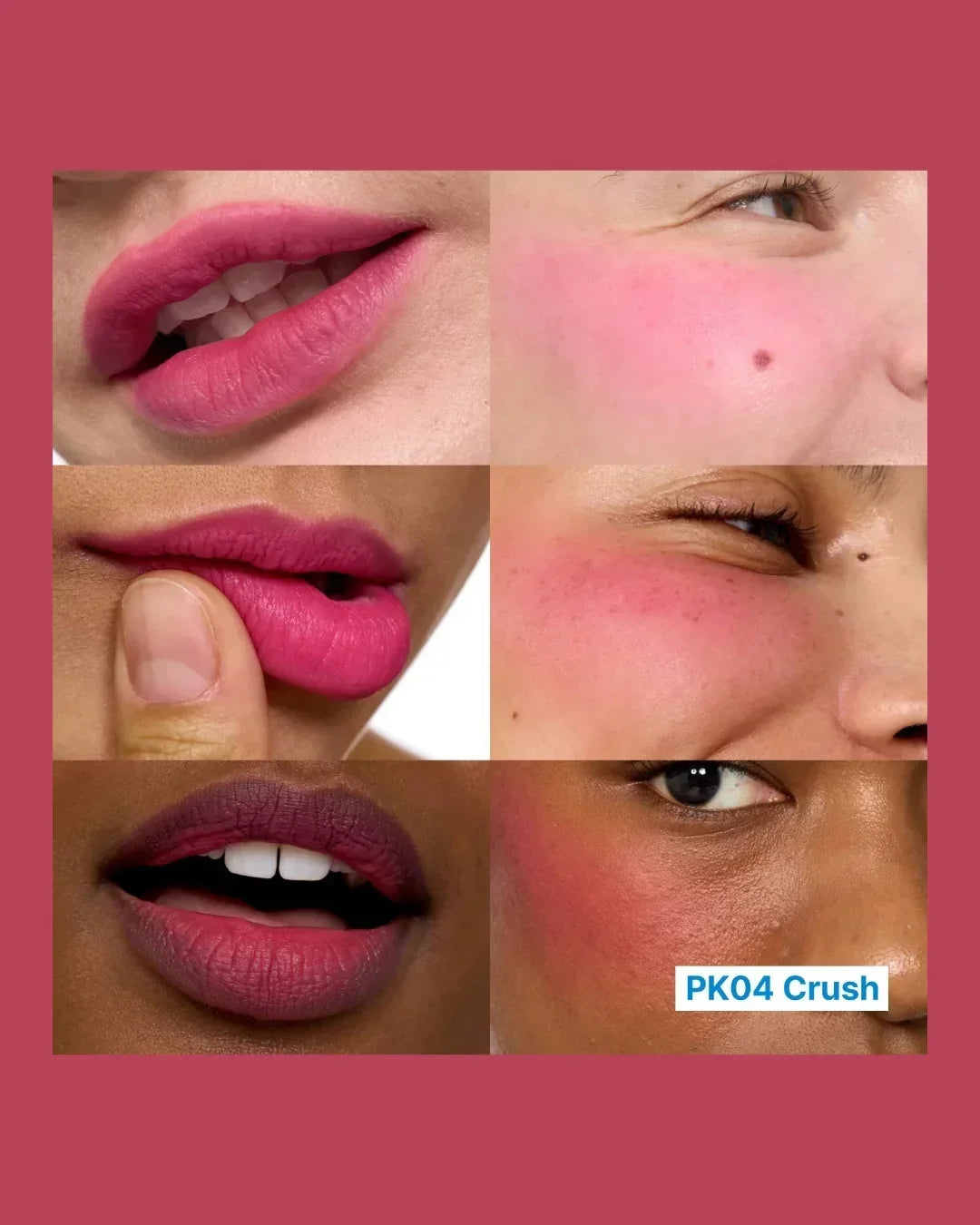 Collage showing diverse models wearing PK04 Crush pink lip and cheek blush shades
