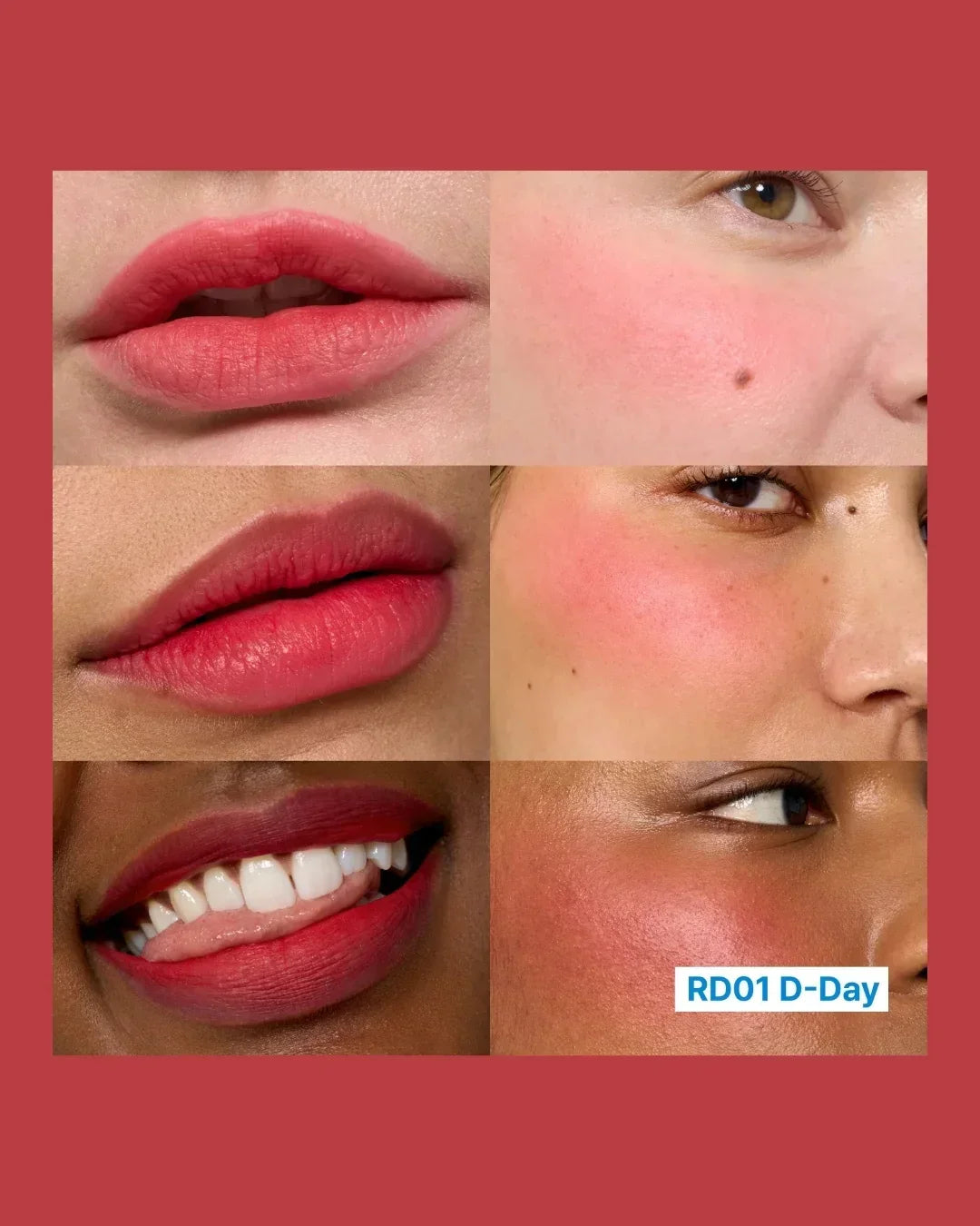 Close-up collage of diverse lips and cheeks wearing red RD01 D-Day lip and cheek tint on various skin tones
