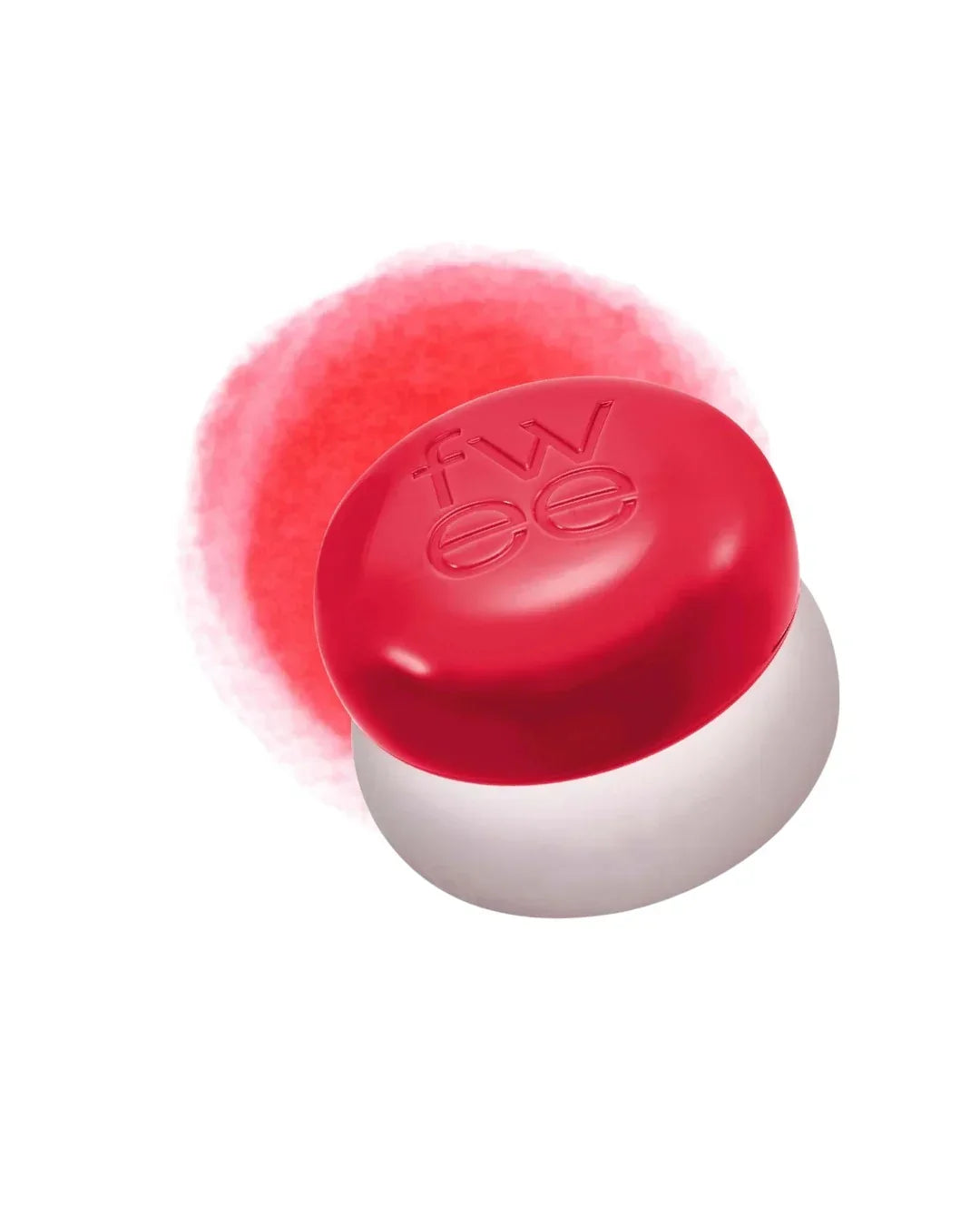Small round cosmetic pot with red lid embossed with 'fwee' and red lip and cheek tint