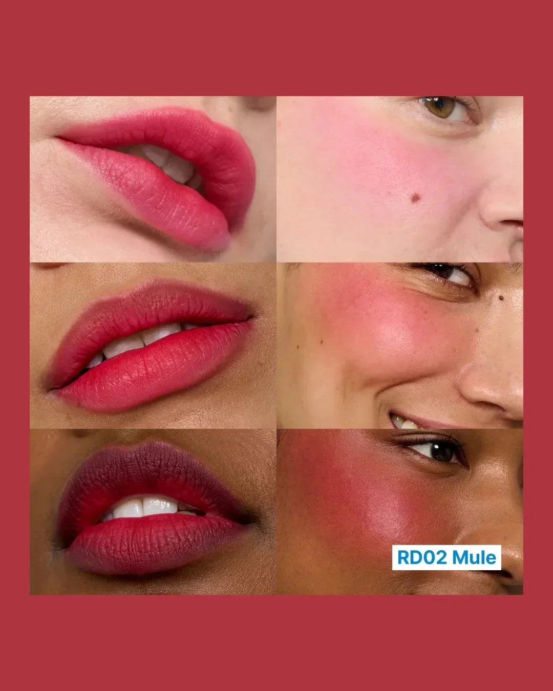 Close-up collage of diverse models wearing vibrant red RD02 Mule lip and cheek makeup on various skin tones