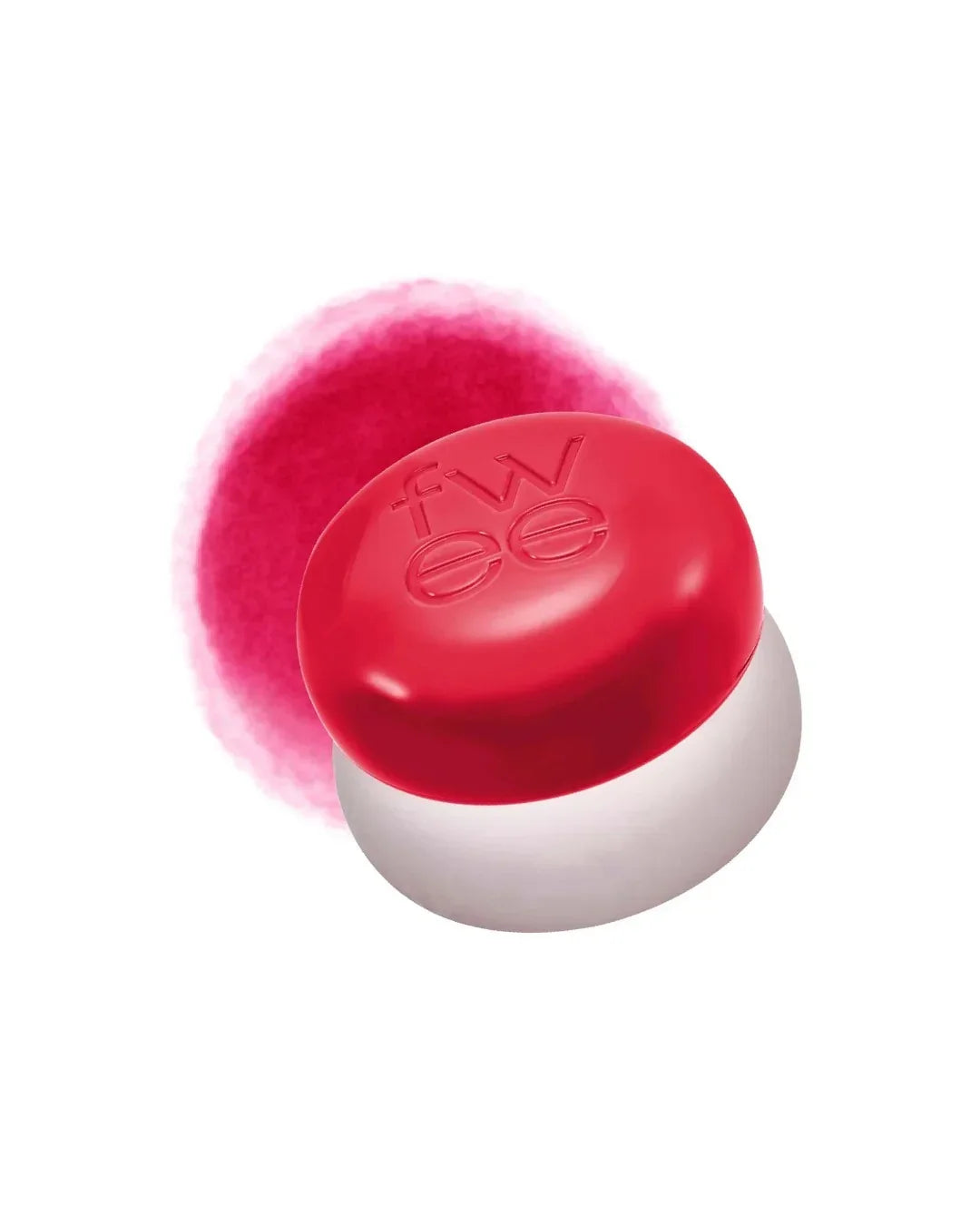 Small lip and cheek balm pot with red lid and pink color swatch on white background