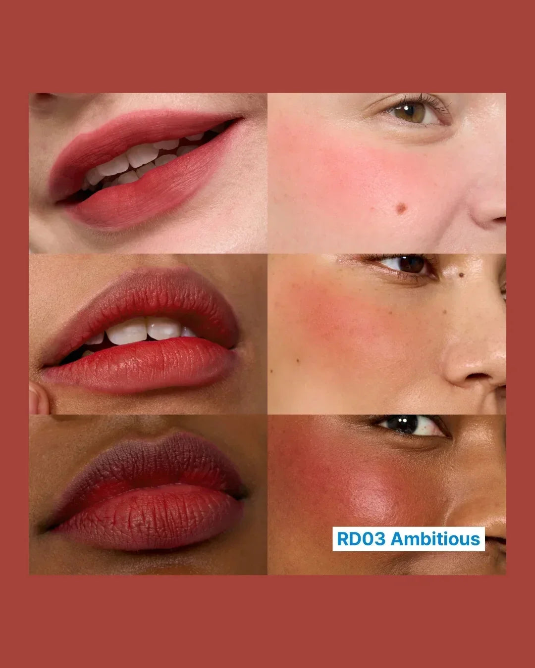 Close-up of diverse models wearing red RD03 Ambitious lip and cheek tint on lips and cheeks