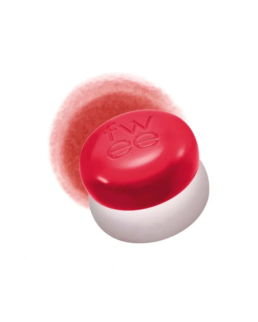 Small cosmetic jar with a red lid embossed with 'fwee', smeared red lip and cheek tint on white background