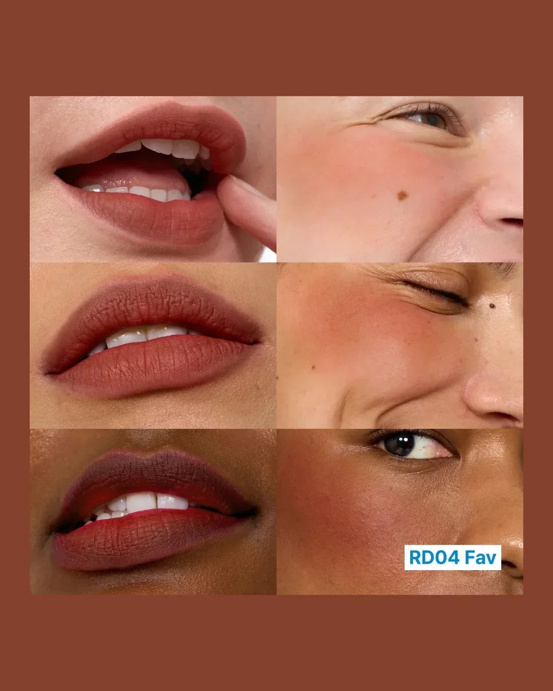 Close-up collage of diverse lips and cheeks wearing matte red RD04 Fav lip and cheek tint on various skin tones