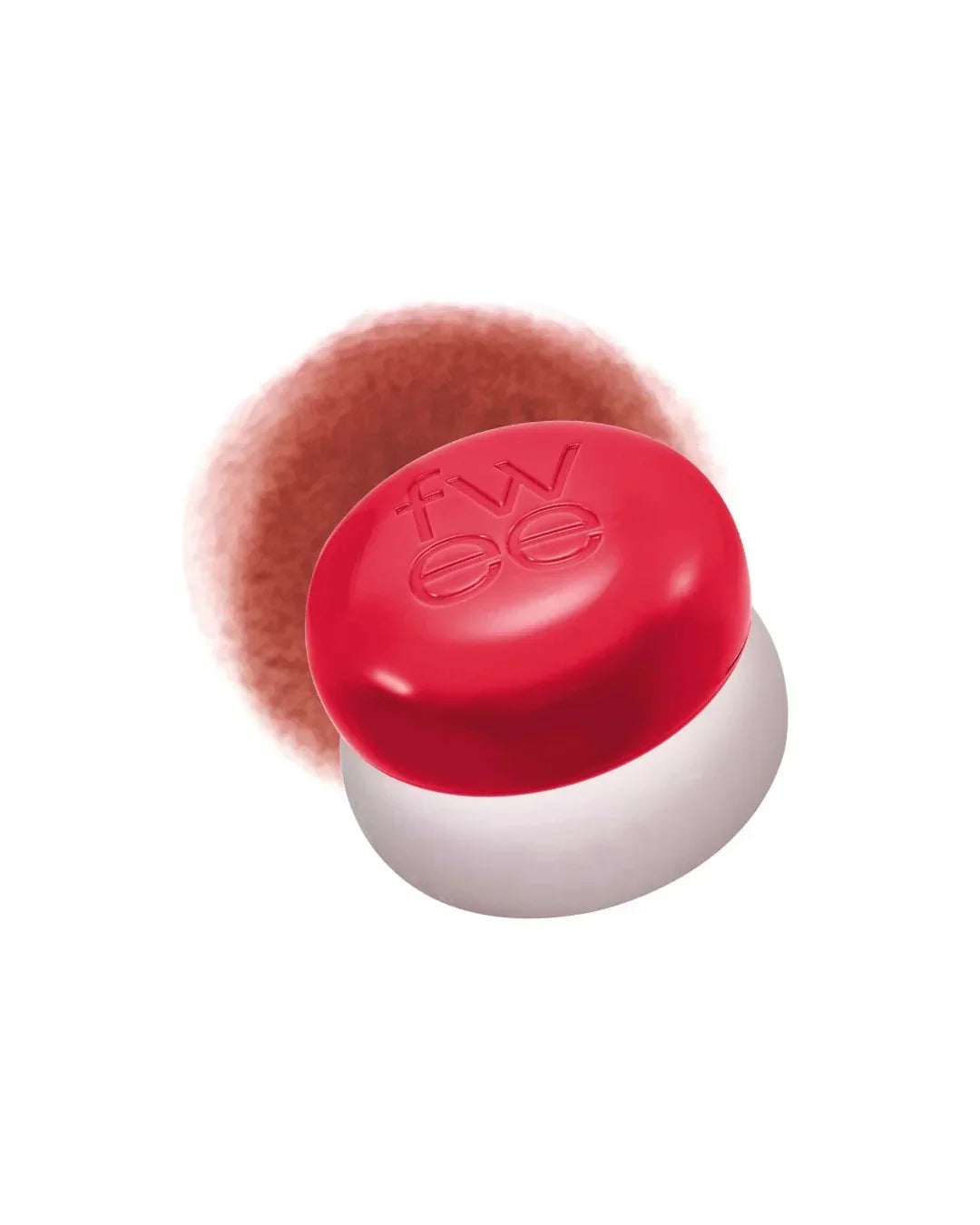 Red and white lip and cheek pudding pot with blurred brownish-red swatch on white background