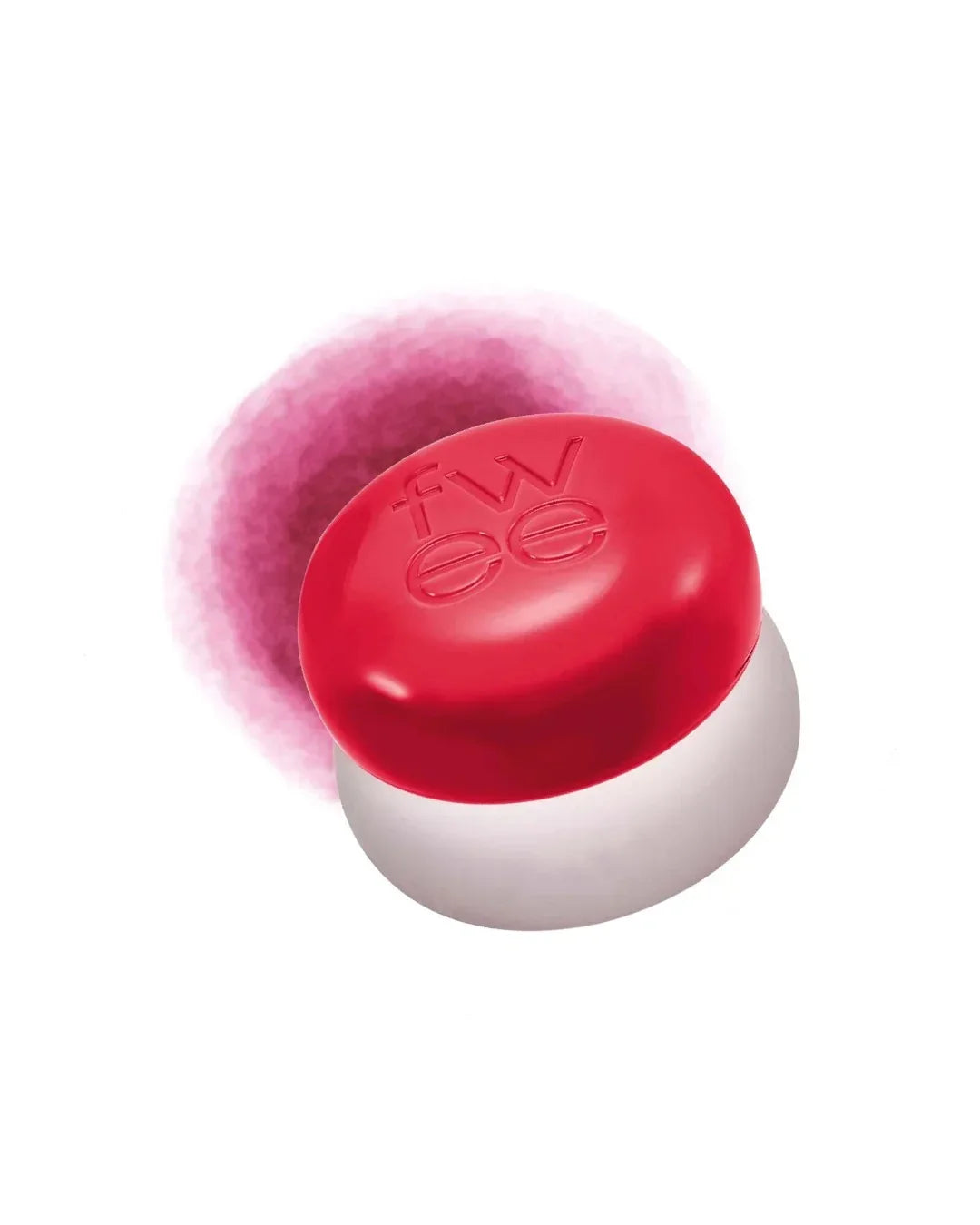 FWEE brand lip and cheek pudding pot with red lid and pink cream blush smear on white background