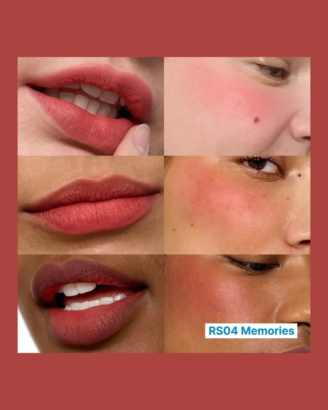 Close-up collage of diverse lips and cheeks wearing RS04 Memories rose-toned lip and cheek makeup