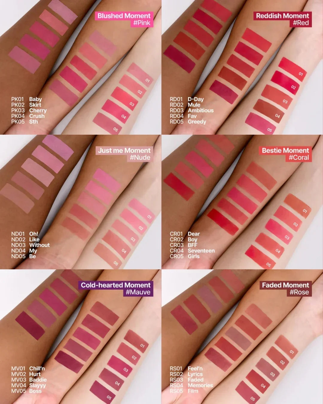 Lip and cheek pudding pot swatches in six shades categories on diverse skin tones with shade names and codes