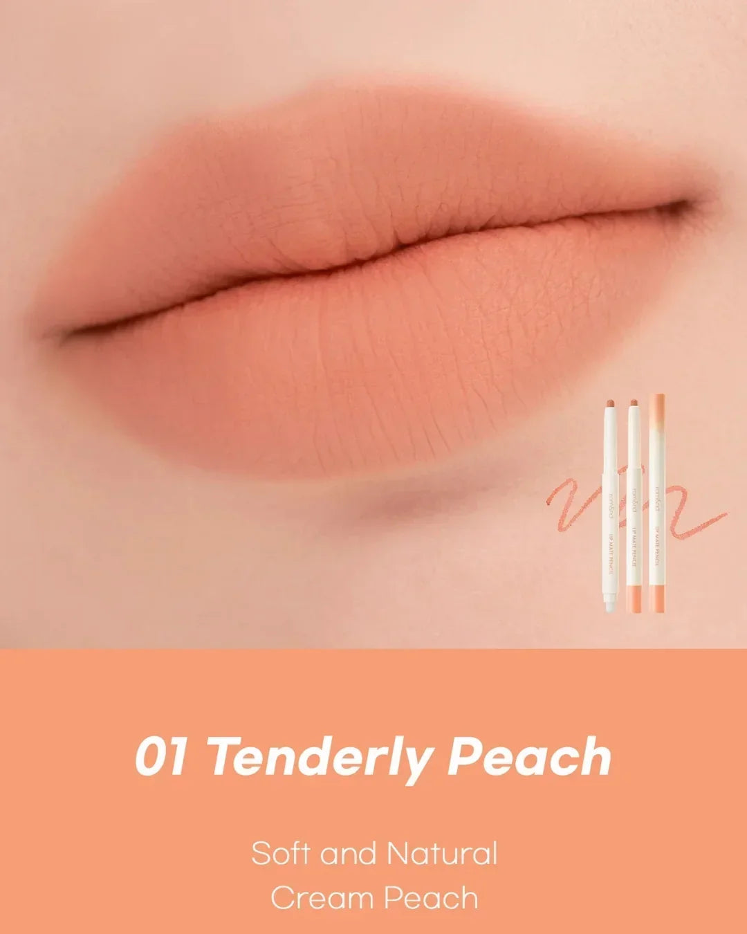Close-up of lips with soft, natural cream peach lipstick shade 01 Tenderly Peach and matching lip pencils