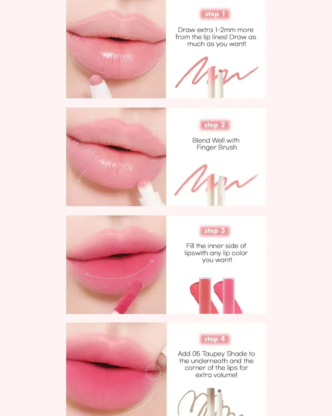 Step-by-step lip makeup tutorial using lip mate pencil, finger brush, lip color, and taupey shade