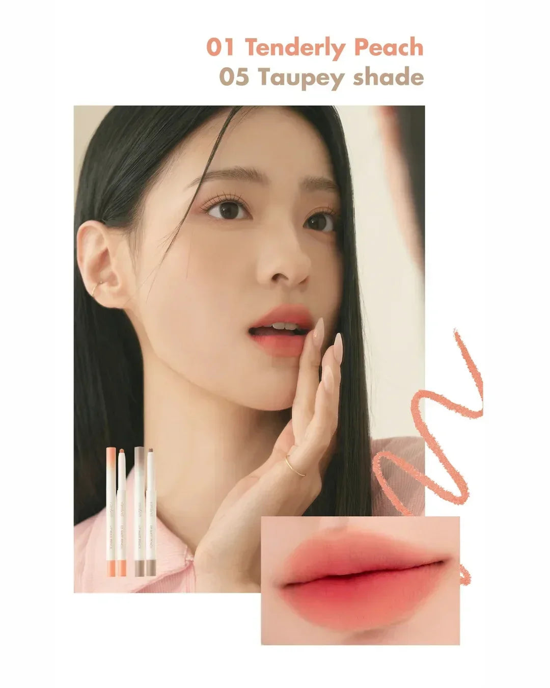 Model showcasing lip makeup in shades 01 Tenderly Peach and 05 Taupey with lip pencils and close-up lips