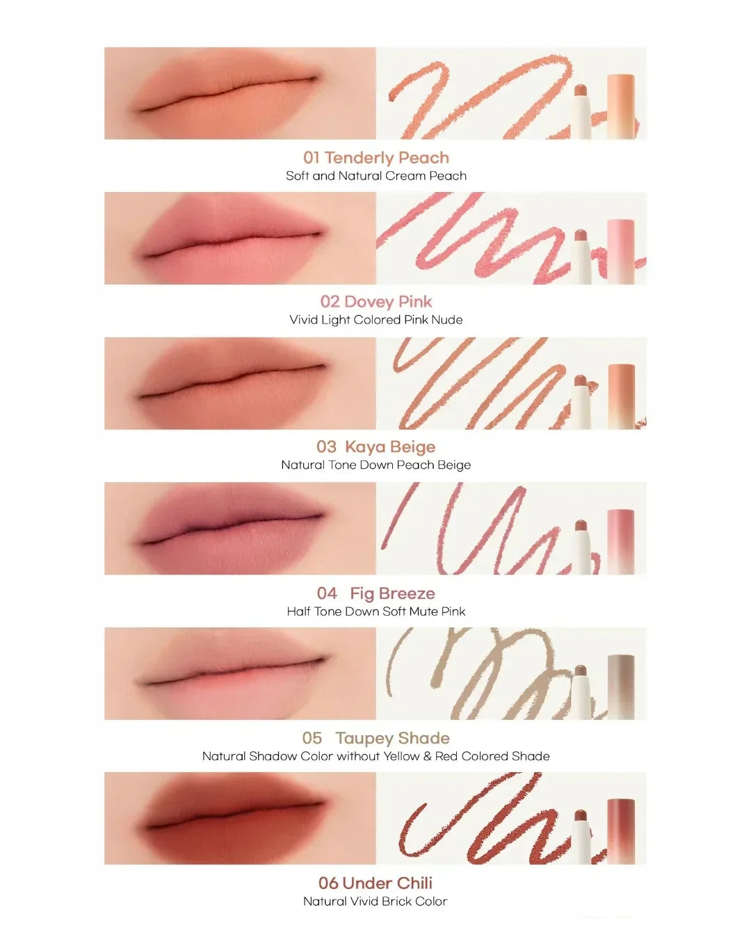 Lip Mate Pencil shades with lip swatches and pencil strokes in Tenderly Peach, Dovey Pink, Kaya Beige, Fig Breeze, Taupey Shade, and Under Chili