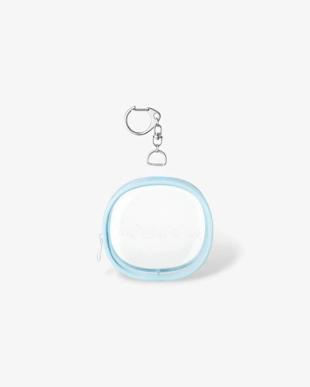 Clear small pouch with light blue edge and silver keyring attachment on white background