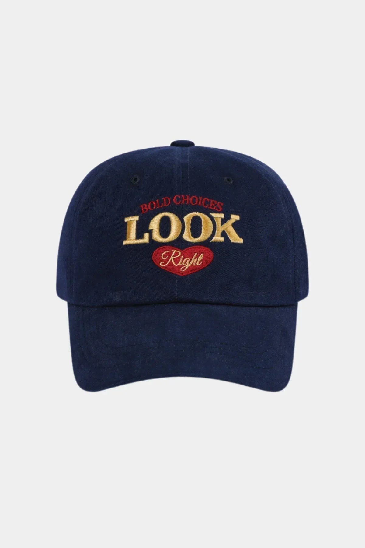 Navy blue ballcap with embroidered text 'BOLD CHOICES LOOK Right' on front