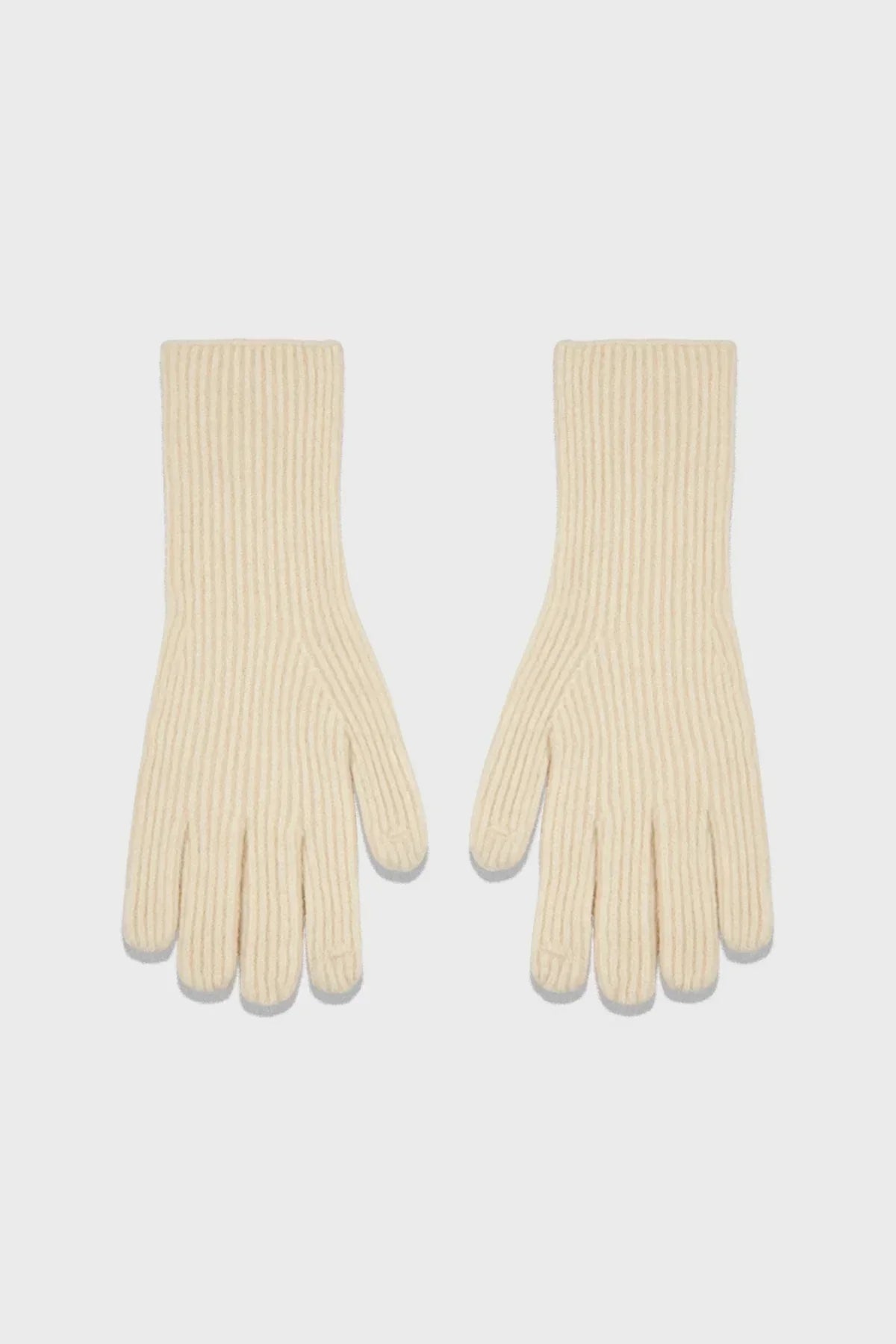 Pair of cream ribbed knit gloves laid flat on white background