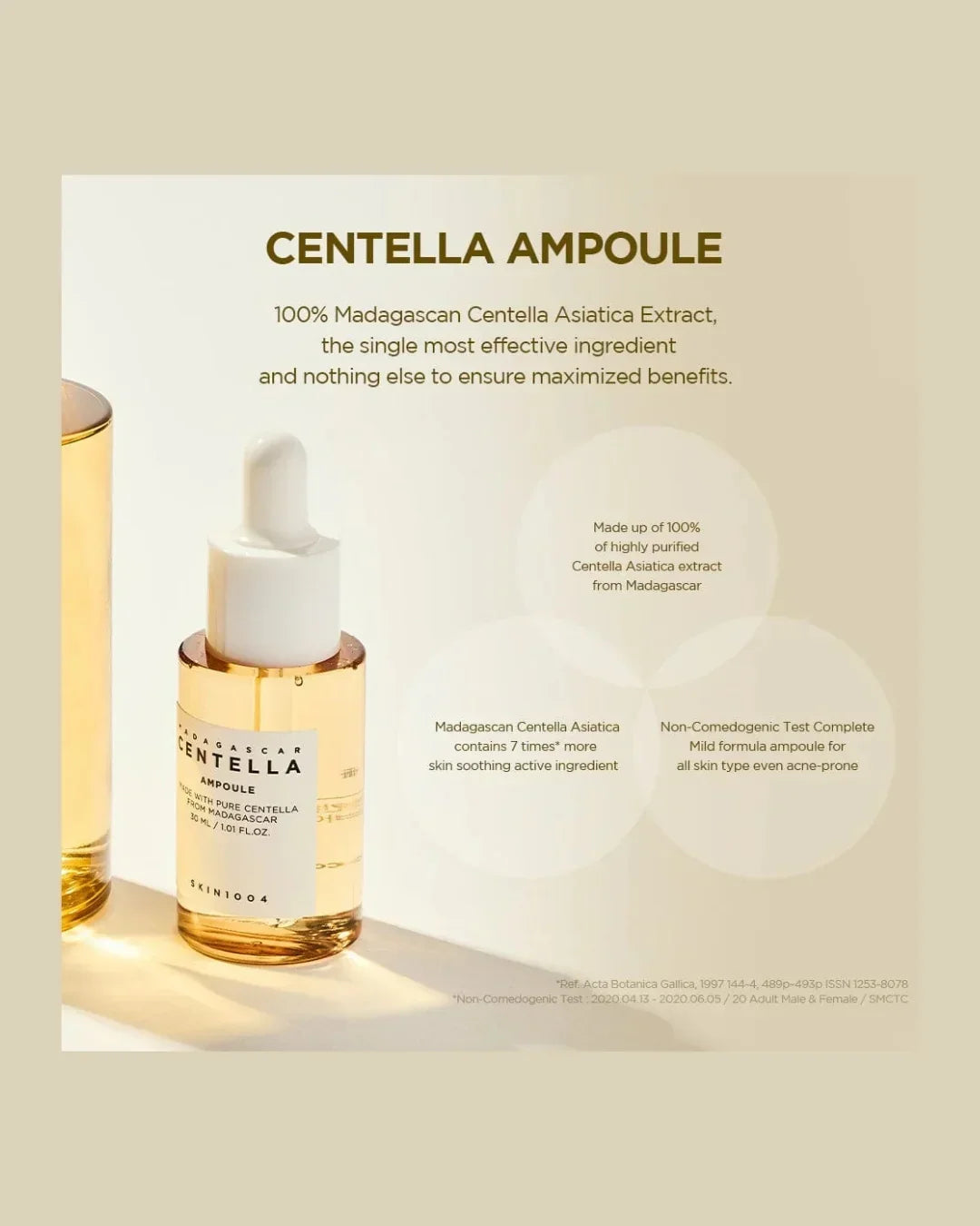 Madagascar Centella Ampoule bottle with dropper on light background highlighting 100% Centella Asiatica extract