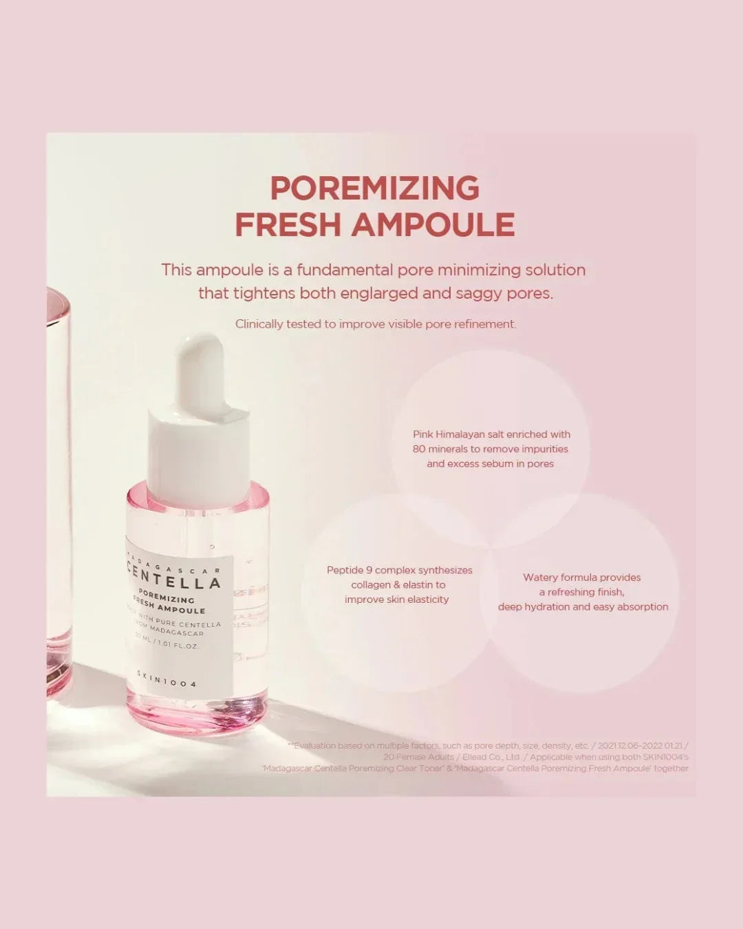 Madagascar Centella Poremizing Fresh Ampoule bottle with text describing pore minimization and skin benefits