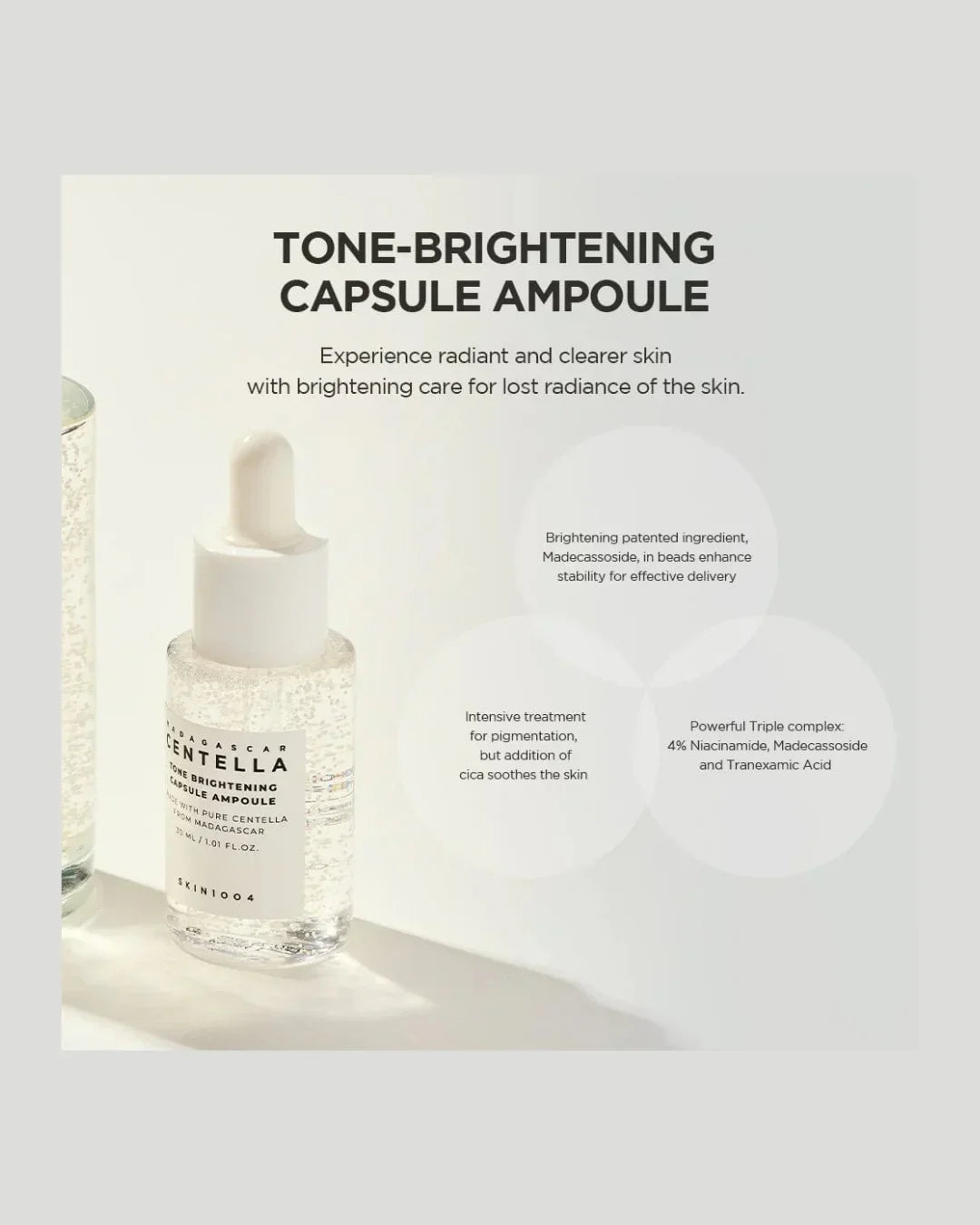 Madagascar Centella Tone Brightening Capsule Ampoule skincare serum with glow-enhancing ingredients