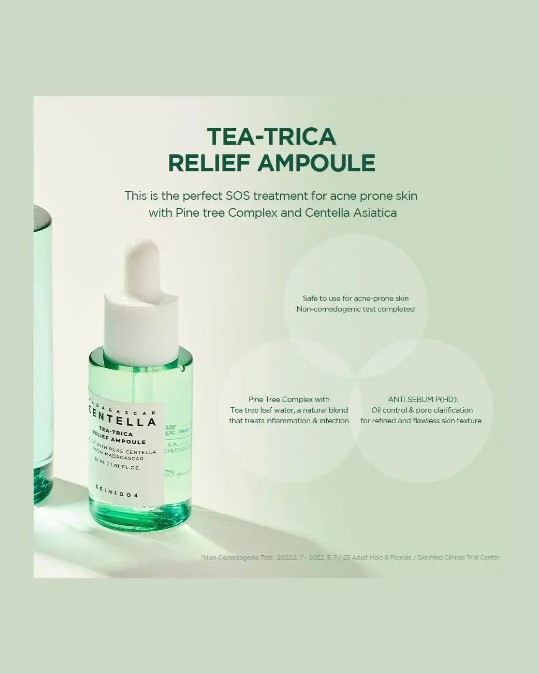 Tea-Trica Relief Ampoule skincare bottle with Centella and Pine tree complex for acne-prone skin