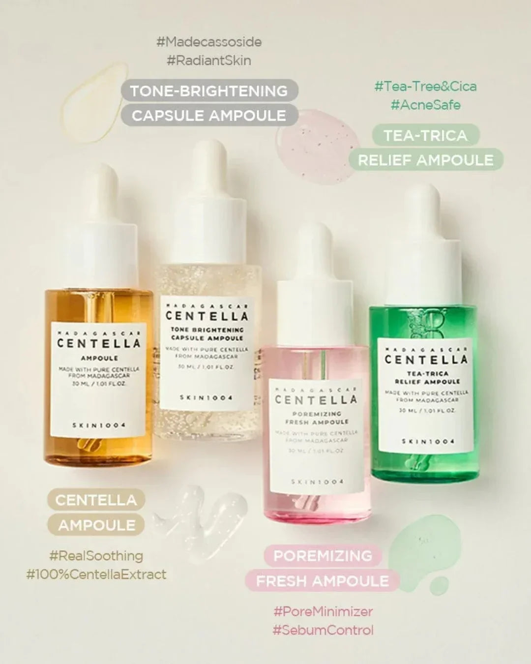 Skin1004 Madagascar Centella ampoules set with tone-brightening, relief, poreminizing, and centella skincare