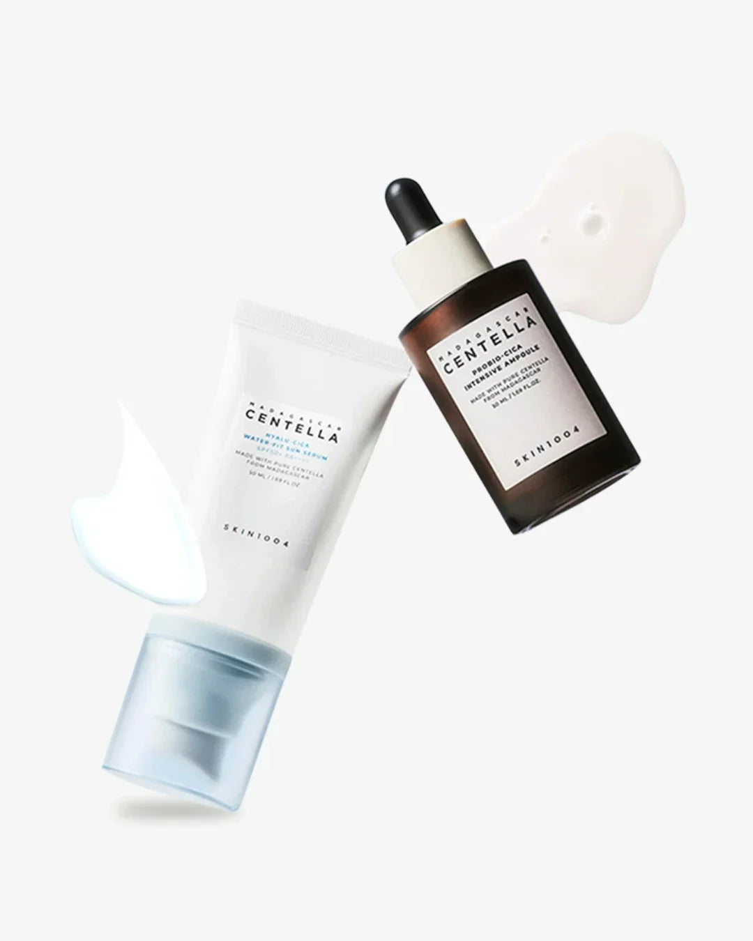 Madagascar Centella skincare duo featuring probio-cica ampoule serum and vital sun serum with texture swatches