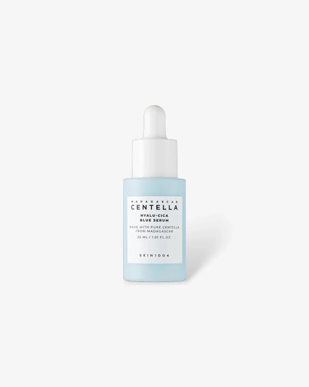 Madagascar Centella Hyalu-Cica Blue Serum 30ml bottle with dropper on white background