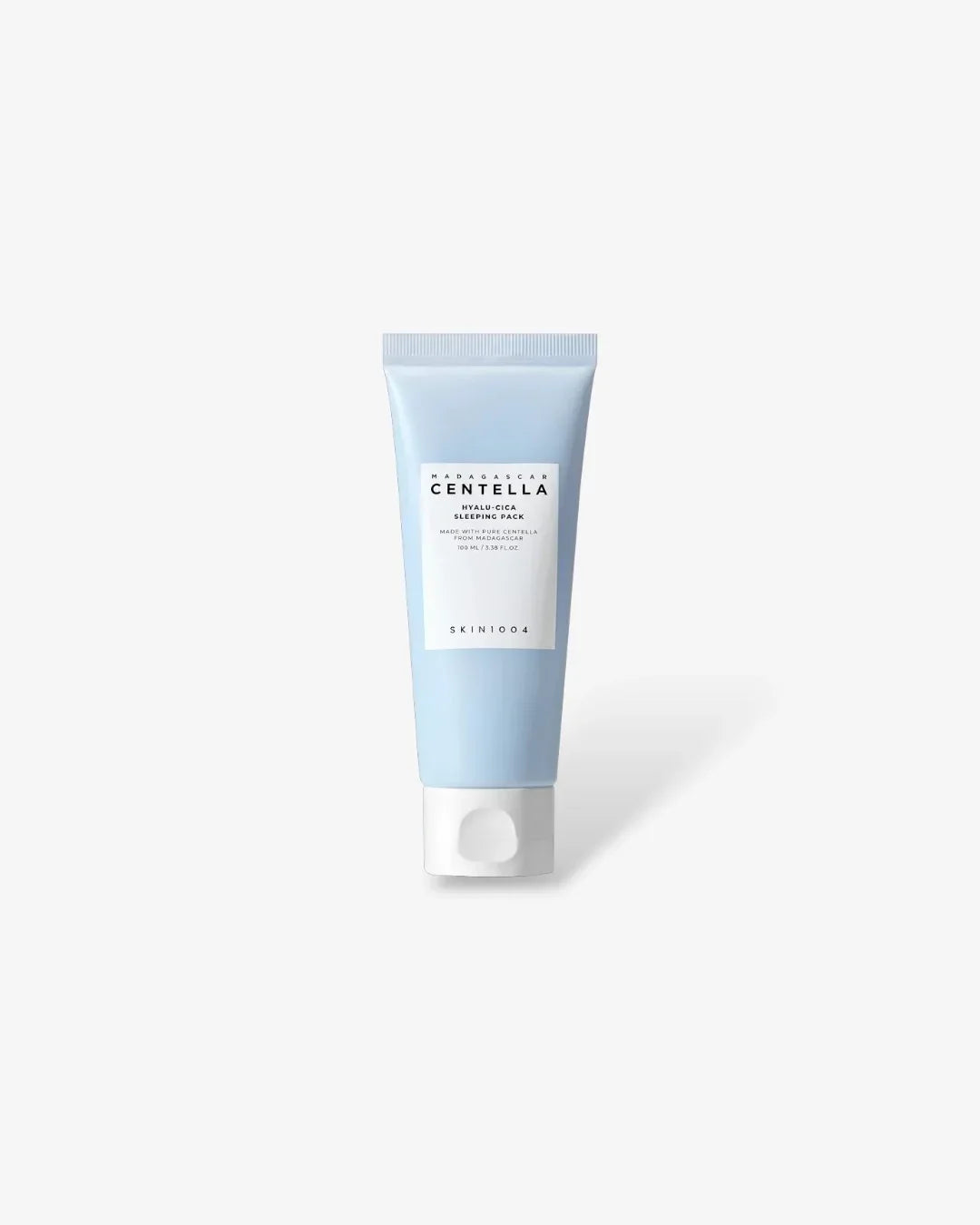 Blue tube of Madagascar Centella Hyalu-Cica Sleeping Pack skincare product on white background