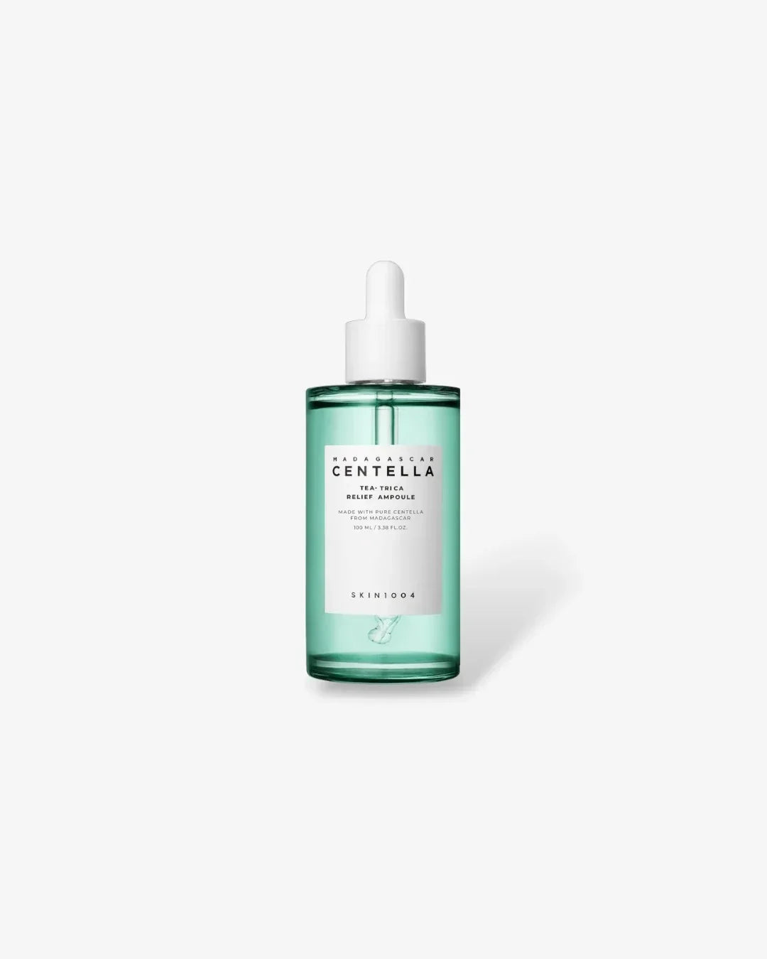 Skin1004 Madagascar Centella Tea-Trica Relief Ampoule serum bottle with dropper on white background