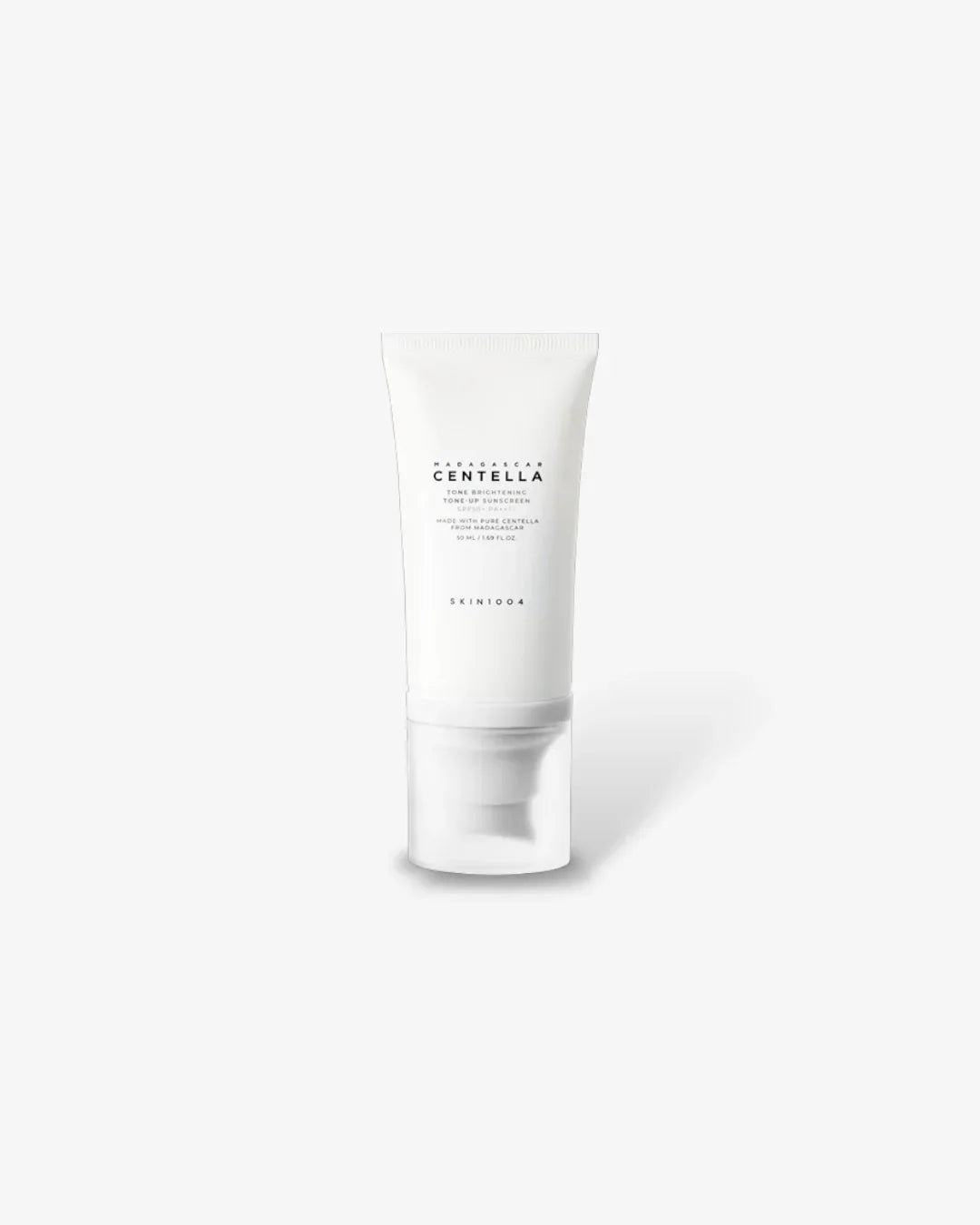 White tube of Madagascar Centella tone brightening tone-up sunscreen 50ml on plain background