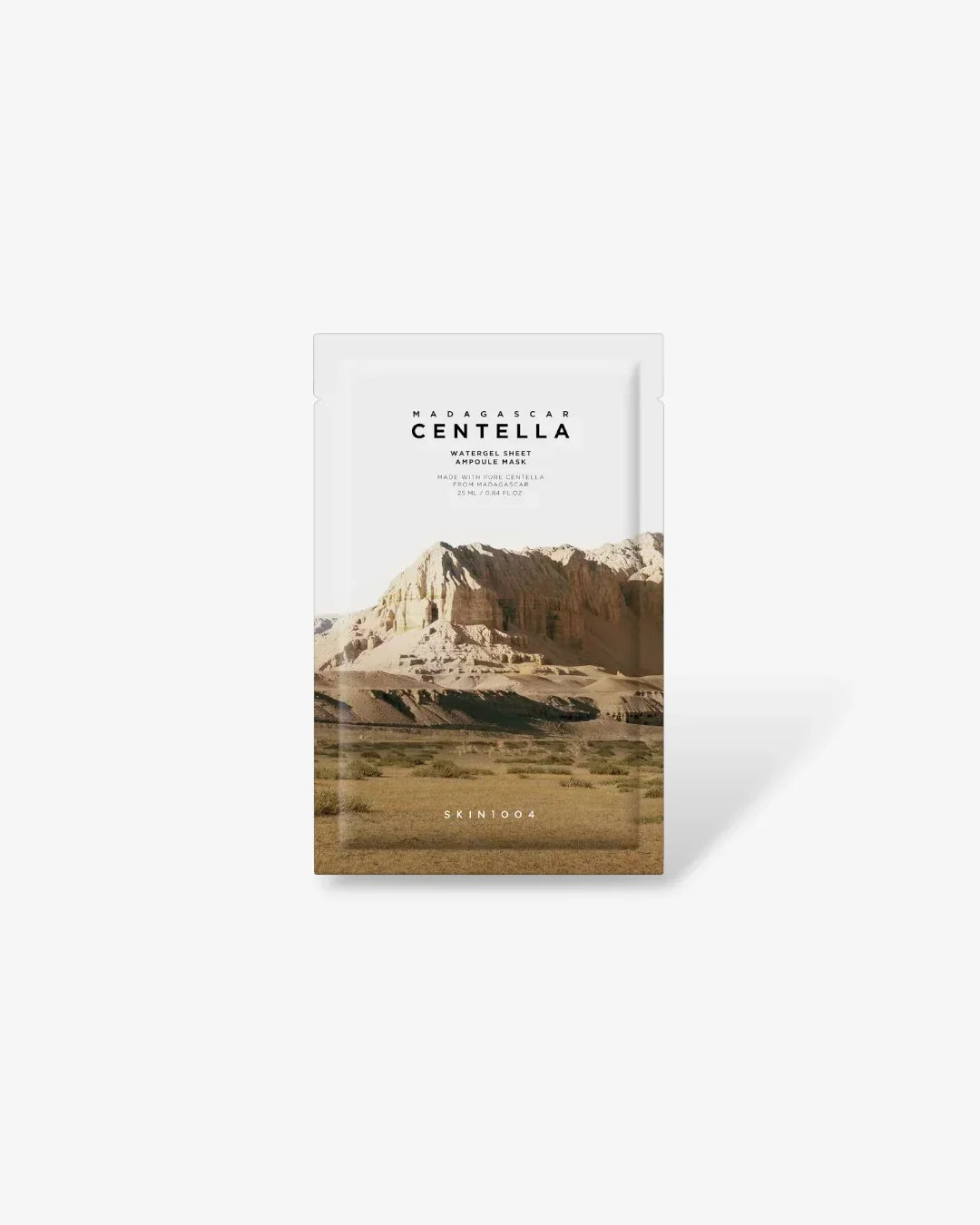 Madagascar Centella Watergel Sheet Ampoule Mask packaging with desert mountain landscape, skincare product