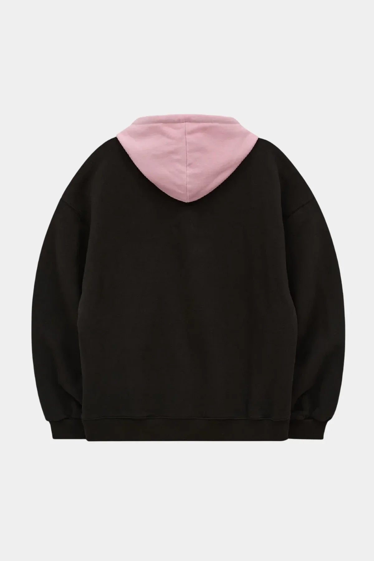Black sweatshirt with contrasting light pink hood, back view, casual two-tone hoodie