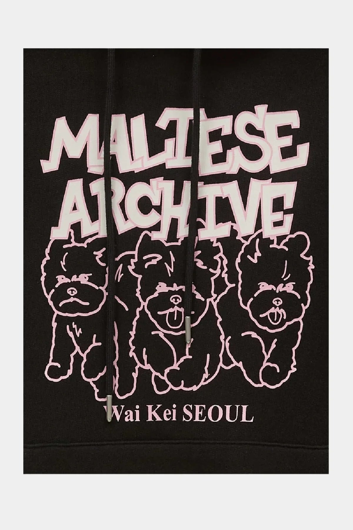 Black hoodie with pink graphic text Maltese Archive and cute dog illustrations, Wai Kei Seoul branding