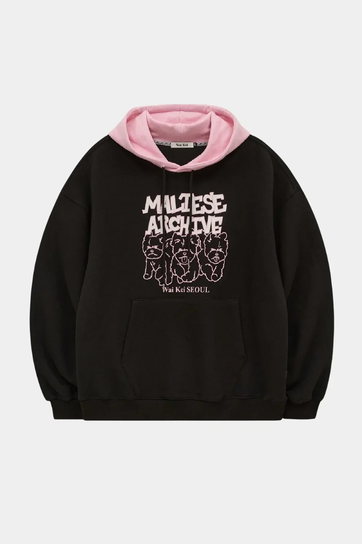 Black hoodie with pink lined hood and front graphic of Maltese dogs and text Maltese Archive Wai Kei Seoul
